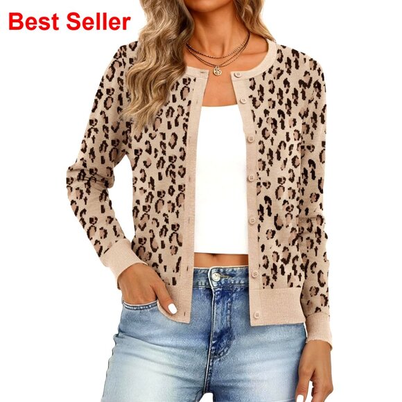 Sweaters - Lightweight Crew Neck Cardigan, Button Down, Long Sleeve, Stretchy Knit Fabric